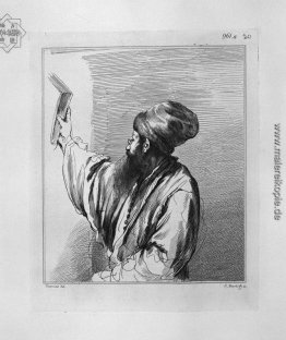 Halbfigur eines Mannes in der Tat des Aufhängen eines Bildes, vo Halbfigur eines Mannes in der Tat des Aufhängen eines Bildes, vo