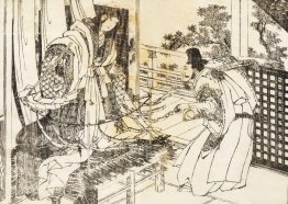 Eine Frau in der Shinto-Schrein hat einen Stock mit einer Menge Eine Frau in der Shinto-Schrein hat einen Stock mit einer Menge