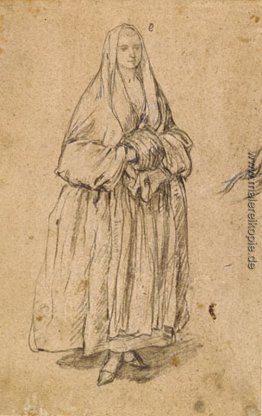 Stehende Frau, die einen Muff, der nach rechts Stehende Frau, die einen Muff, der nach rechts