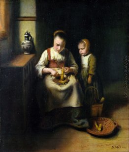 A Woman Scraping Pastinaken, mit einem Kind, das von ihr A Woman Scraping Pastinaken, mit einem Kind, das von ihr