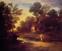 Bewaldete Landschaft mit Vieh durch einen Pool und ein Cottage a Bewaldete Landschaft mit Vieh durch einen Pool und ein Cottage a