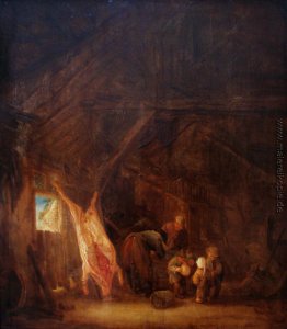 Eine Scheune Innen mit einem geschlachteten Schweines, spielende Eine Scheune Innen mit einem geschlachteten Schweines, spielende