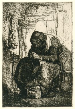 Alte Frau, die in einem Ferienhaus mit einer Reihe von Zwiebeln Alte Frau, die in einem Ferienhaus mit einer Reihe von Zwiebeln