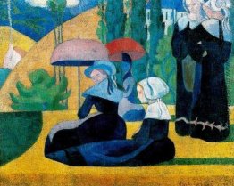 Bretonische Frauen mit Sonnenschirmen Bretonische Frauen mit Sonnenschirmen