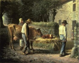 Bauern, Bringing home ein Kalb geboren in den Felder Bauern, Bringing home ein Kalb geboren in den Felder