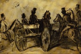 Wagen und drei Herren auf Pferde Wagen und drei Herren auf Pferde