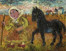 Frau im gelben Kleid mit Black Horse Frau im gelben Kleid mit Black Horse