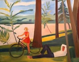 Maine, Mädchen mit Fahrrad und Liege-Man Maine, Mädchen mit Fahrrad und Liege-Man