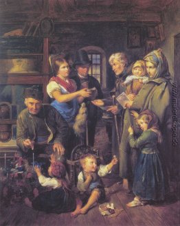 Eine Wanderbettlerfamilie wird von armen Bauern am Weihnachtsabe Eine Wanderbettlerfamilie wird von armen Bauern am Weihnachtsabe