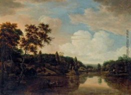 Ferry Boot auf einem Fluss, Bäume auf einem Hügel, der nach link Ferry Boot auf einem Fluss, Bäume auf einem Hügel, der nach link
