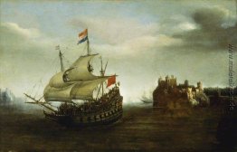 Ein Schloss mit einem Schiff in der Nähe Ein Schloss mit einem Schiff in der Nähe