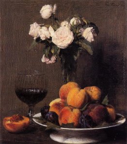 Stilleben mit Rosen, Obst und ein Glas Wein Stilleben mit Rosen, Obst und ein Glas Wein