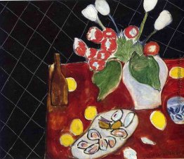 Tulpen und Austern auf einem schwarzen Hintergrund Tulpen und Austern auf einem schwarzen Hintergrund