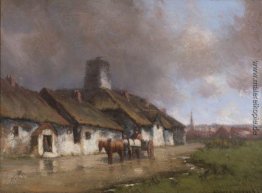 Pferd und Wagen Mit Cottage unter stürmischen Himmel Pferd und Wagen Mit Cottage unter stürmischen Himmel