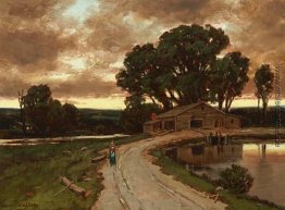 Abbildung auf der Straße und Bauernhaus bei Sonnenuntergang Abbildung auf der Straße und Bauernhaus bei Sonnenuntergang