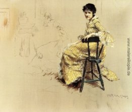Sitzende Frau in Yello Striped Kleid Sitzende Frau in Yello Striped Kleid