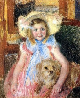 Sara in einem großen blühenden Hat Ihnen recht mit ihrem Hund Sara in einem großen blühenden Hat Ihnen recht mit ihrem Hund