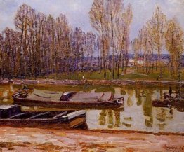 Lastkähne auf der Loing Canal, Frühling Lastkähne auf der Loing Canal, Frühling