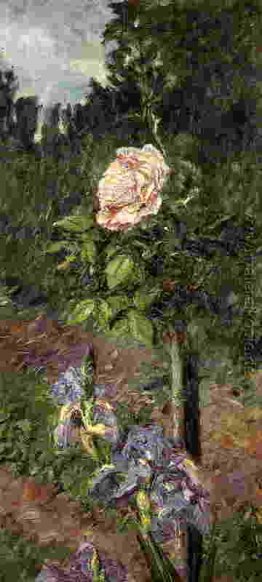 Rose mit Purpurrote Iris, Garten in Petit Gennevilliers Rose mit Purpurrote Iris, Garten in Petit Gennevilliers