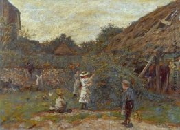 Szene in einem Hof mit Kinder-Sammeln-Frucht Szene in einem Hof mit Kinder-Sammeln-Frucht