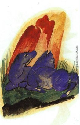 Zwei blaue Pferde vor einem Red Roc Zwei blaue Pferde vor einem Red Roc