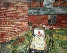 Baby in einem Kinderwagen in einem Garten Baby in einem Kinderwagen in einem Garten