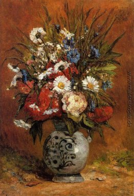 Gänseblümchen und Pfingstrosen in blauer Vase Gänseblümchen und Pfingstrosen in blauer Vase