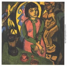 Sitzende Frau mit einem Holzskulptur Sitzende Frau mit einem Holzskulptur