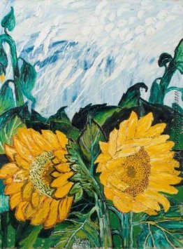 Sonnenblumen und Sun-Crossed Himmel im Sommer Sonnenblumen und Sun-Crossed Himmel im Sommer