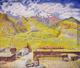Georgia. Kazbek (Tag). Georgische Heerstraße. Berge und das Dorf Georgia. Kazbek (Tag). Georgische Heerstraße. Berge und das Dorf