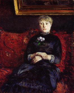 Frau sitzt auf einem roten Sofa Flowered Frau sitzt auf einem roten Sofa Flowered