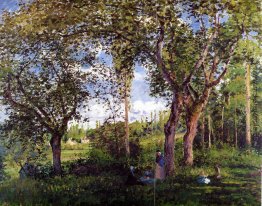 Landschaft mit Kinderwagen Entspannende unter Bäumen Landschaft mit Kinderwagen Entspannende unter Bäumen