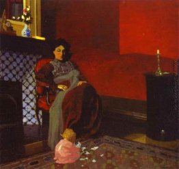 Interior Red Room mit Frau und Kind Interior Red Room mit Frau und Kind