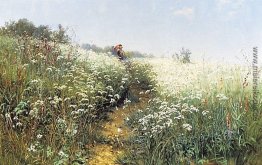 Eine Frau unter einem Dach auf einer blühenden Wiese Eine Frau unter einem Dach auf einer blühenden Wiese
