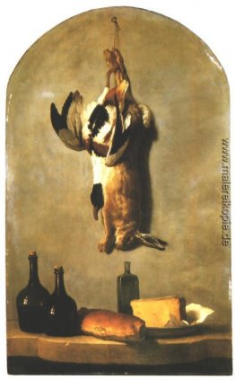 Stillleben mit Hase, Ente, Brot, Käse und Flaschen Wein Stillleben mit Hase, Ente, Brot, Käse und Flaschen Wein