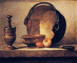 Stillleben mit Stößel, Schüssel, Kupferkessel, Zwiebeln und ein Stillleben mit Stößel, Schüssel, Kupferkessel, Zwiebeln und ein