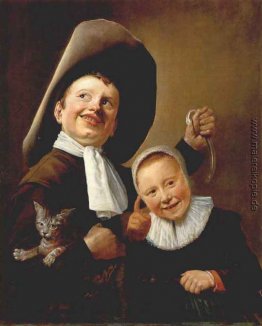 Ein Junge und ein Mädchen mit einer Katze und einem Aal Ein Junge und ein Mädchen mit einer Katze und einem Aal
