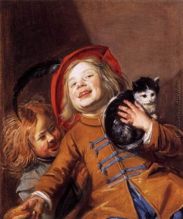 Lachende Kinder mit einer Katze Lachende Kinder mit einer Katze