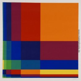 Sechs senkrechte systematische Farbreihen mit einem orangefarbenen Quadrat oben rechts Sechs senkrechte systematische Farbreihen mit einem orangefarbenen Quadrat oben rechts