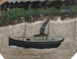 Küstenmotorschiff von einer Shore mit einem Haus Küstenmotorschiff von einer Shore mit einem Haus