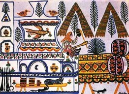 Alte Frau sitzt auf dem Ofen und Spinn Alte Frau sitzt auf dem Ofen und Spinn