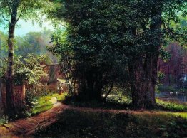 Landschaft mit Bäumen, Häusern und Fluss Landschaft mit Bäumen, Häusern und Fluss