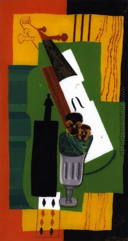 Violine, Flasche Blumen in einem Glas und Eight of Spades Violine, Flasche Blumen in einem Glas und Eight of Spades