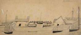 Häuser auf beiden Seiten der Hafeneinfahrt und Sieben Boote Häuser auf beiden Seiten der Hafeneinfahrt und Sieben Boote