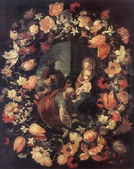 Adoración de los Magos en una guirnalda de flores Adoración de los Magos en una guirnalda de flores