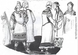 Die Szene mit fünf Figuren in Kostümen Die Szene mit fünf Figuren in Kostümen