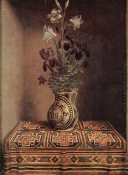 Stillleben mit einem Krug mit Blumen. Die Rückseite des Porträt Stillleben mit einem Krug mit Blumen. Die Rückseite des Porträt