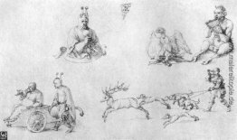 Studienblatt mit Narren, Faun, Phoenix und Rotwild-Jagd Studienblatt mit Narren, Faun, Phoenix und Rotwild-Jagd