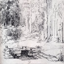 Waldlichtung mit einem ummauerten Brunnen, durch die zwei Männer Waldlichtung mit einem ummauerten Brunnen, durch die zwei Männer