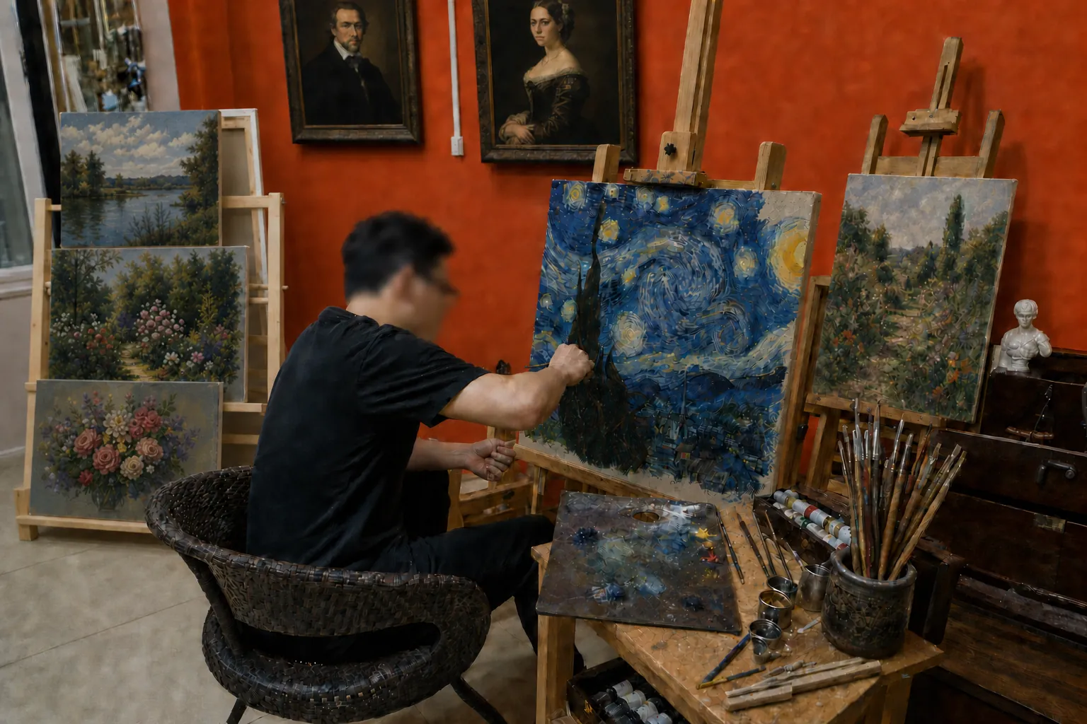 Künstler malt eine Reproduktion von Van Goghs Sternennacht im Atelier